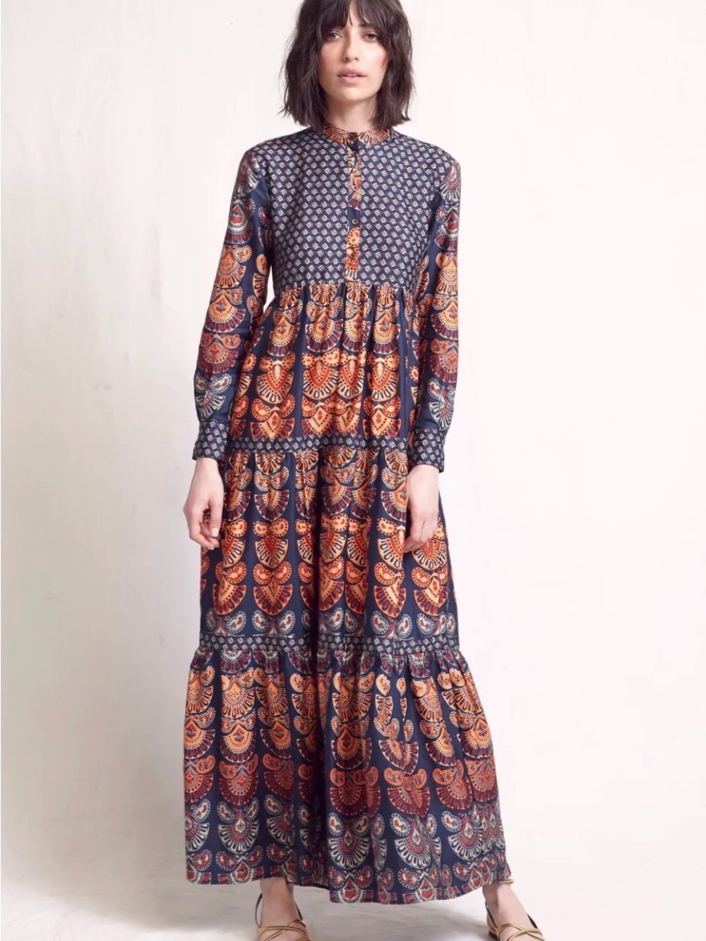 Warm Navy Maxi Dress with Rust & Cream Print